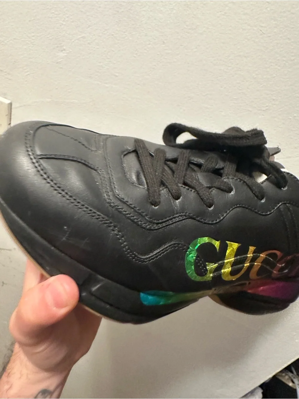 Gucci Black Leather Men's Sneaker with Rainbow Logo Accent 8.5